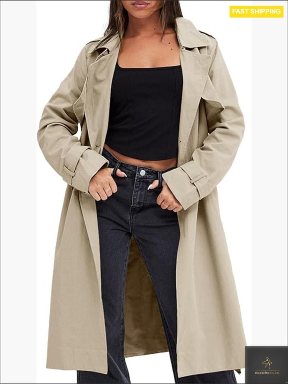 Double Breasted Trench Coat Classic Elegant Windproof Fitted Long Lapel Pocketed